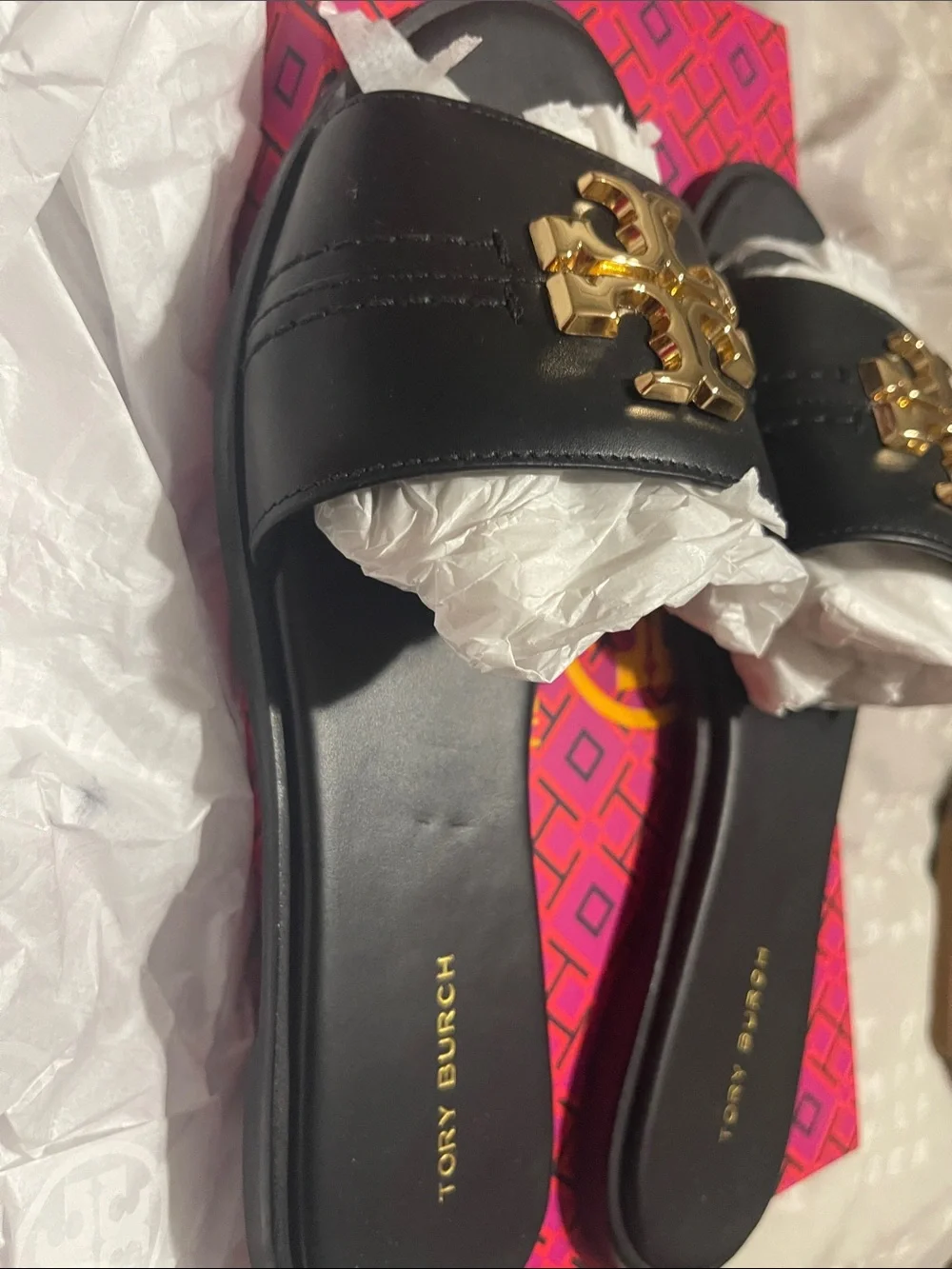Tory Burch Black Leather Slides with Gold Logo Hardware
